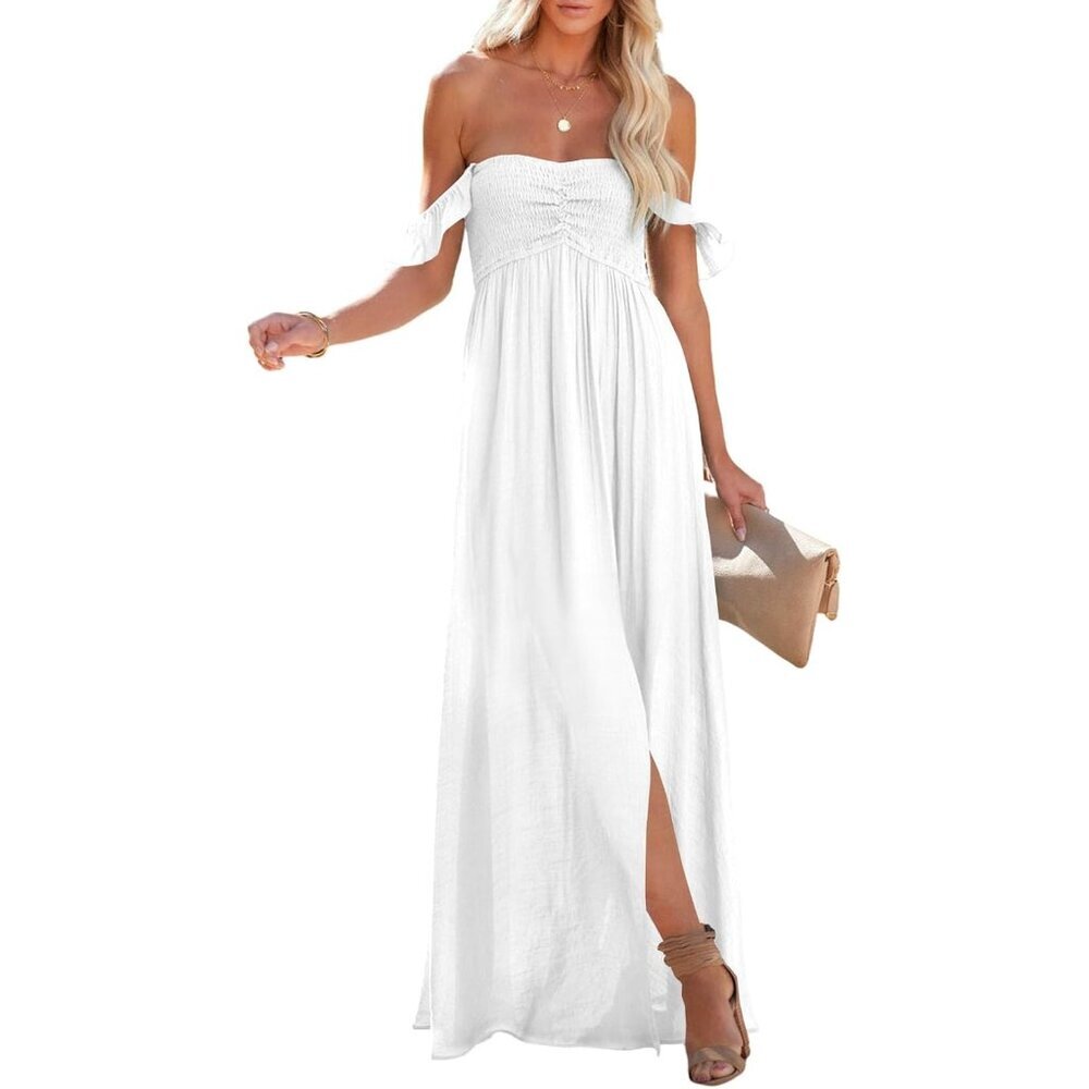 Women's Summer Maxi Dress Off Shoulder Smocked Ruffle Side Slit A Line